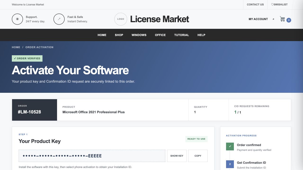 Current customer activation page showing the order summary and product key controls