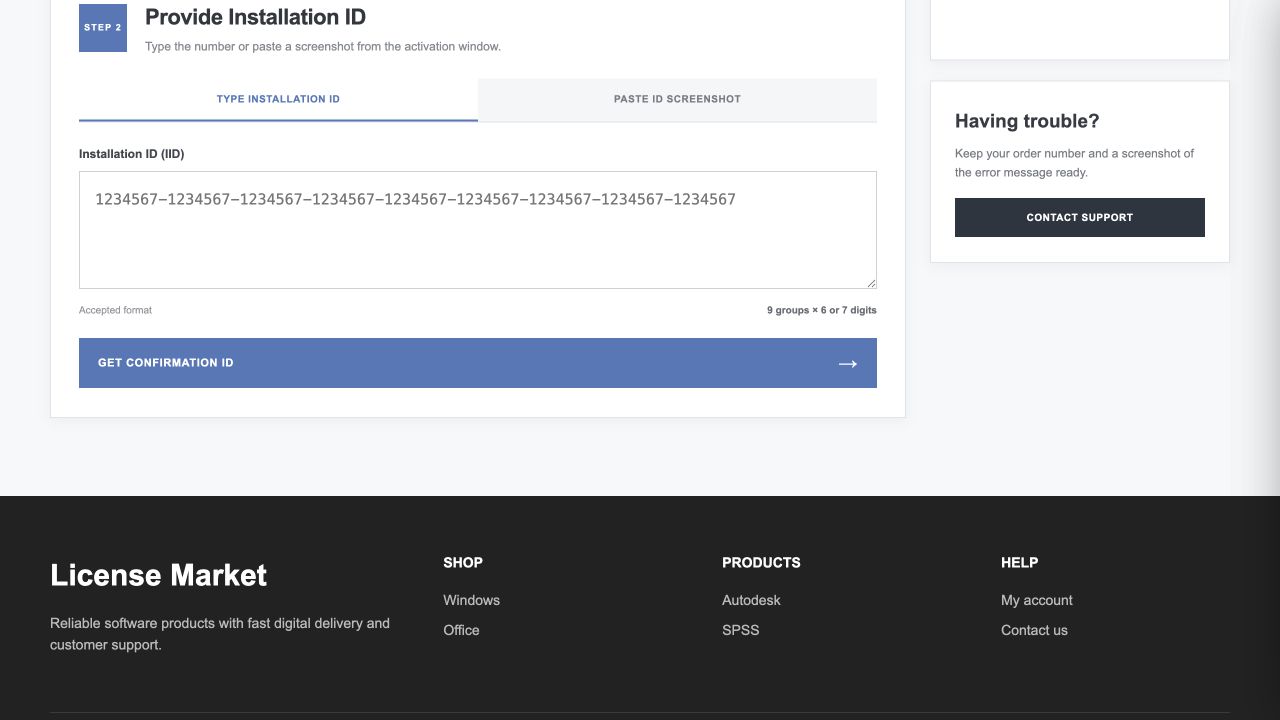 Installation ID entry field and GET CONFIRMATION ID button on the customer page
