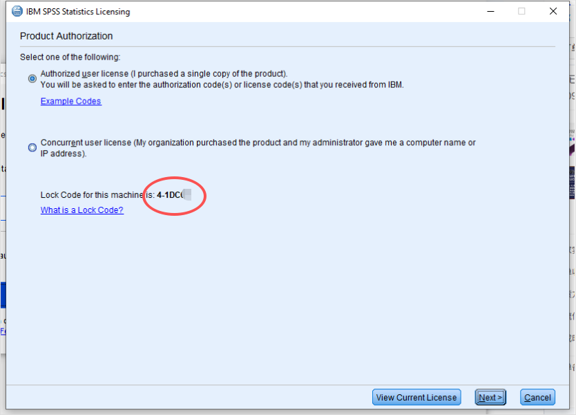 SPSS licensing wizard: Lock Code for this machine is highlighted