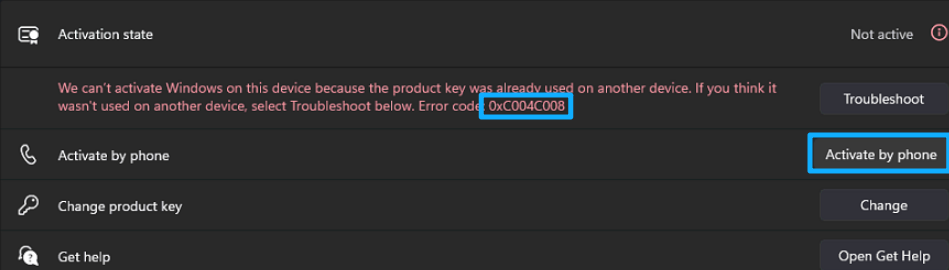 Windows Activation screen with Activate by phone and error 0xC004C008 highlighted