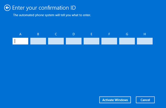 Windows Enter your confirmation ID screen with fields A through H and the Activate Windows button