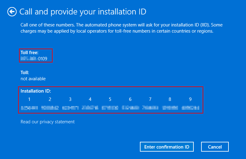 Windows installation ID window with all nine ID groups outlined